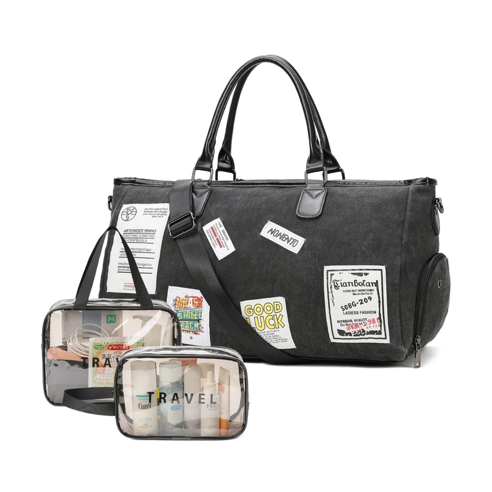 NWT Stylish Grey Black Travel / Gym Crossbody Bag with Patches